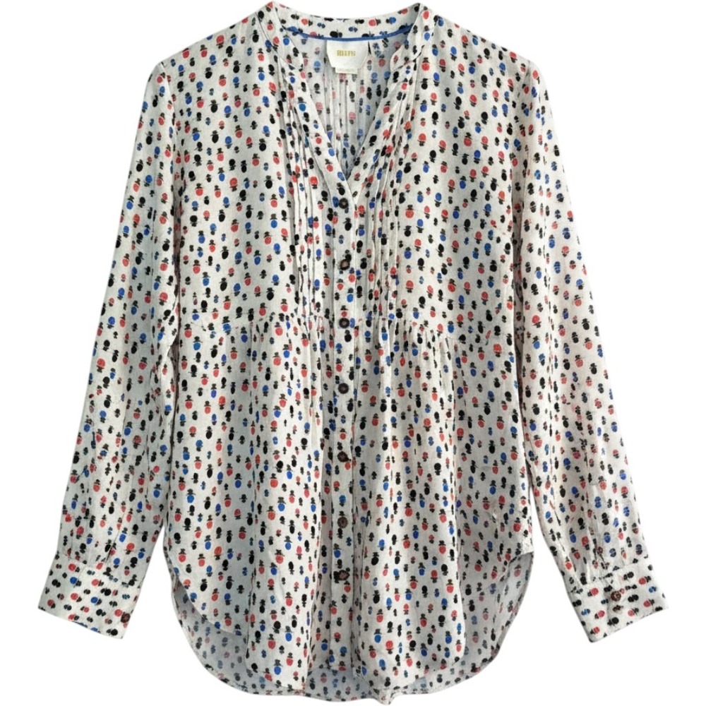 Maeve Anthropologie Snowman Print Tunic Blouse Ivory Red Blue 00 Pleated
